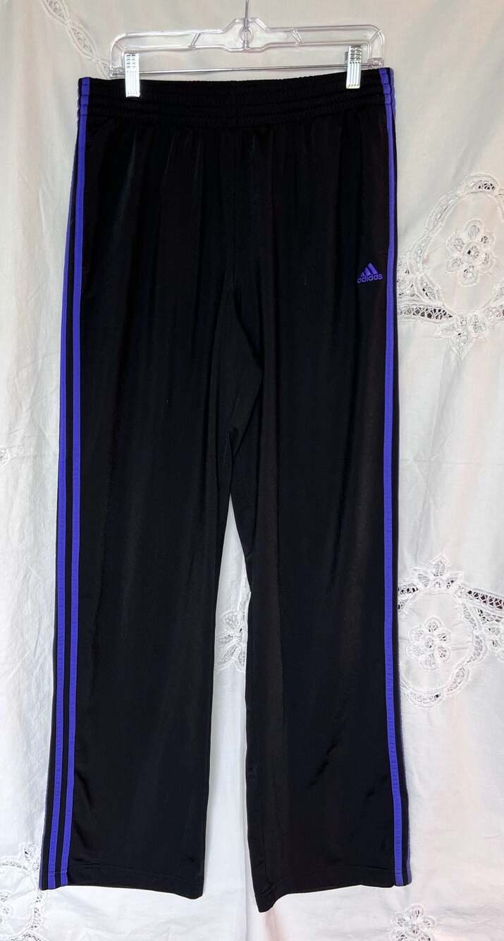 Adidas Black and Purple Three Stripe Athletic Track Pants